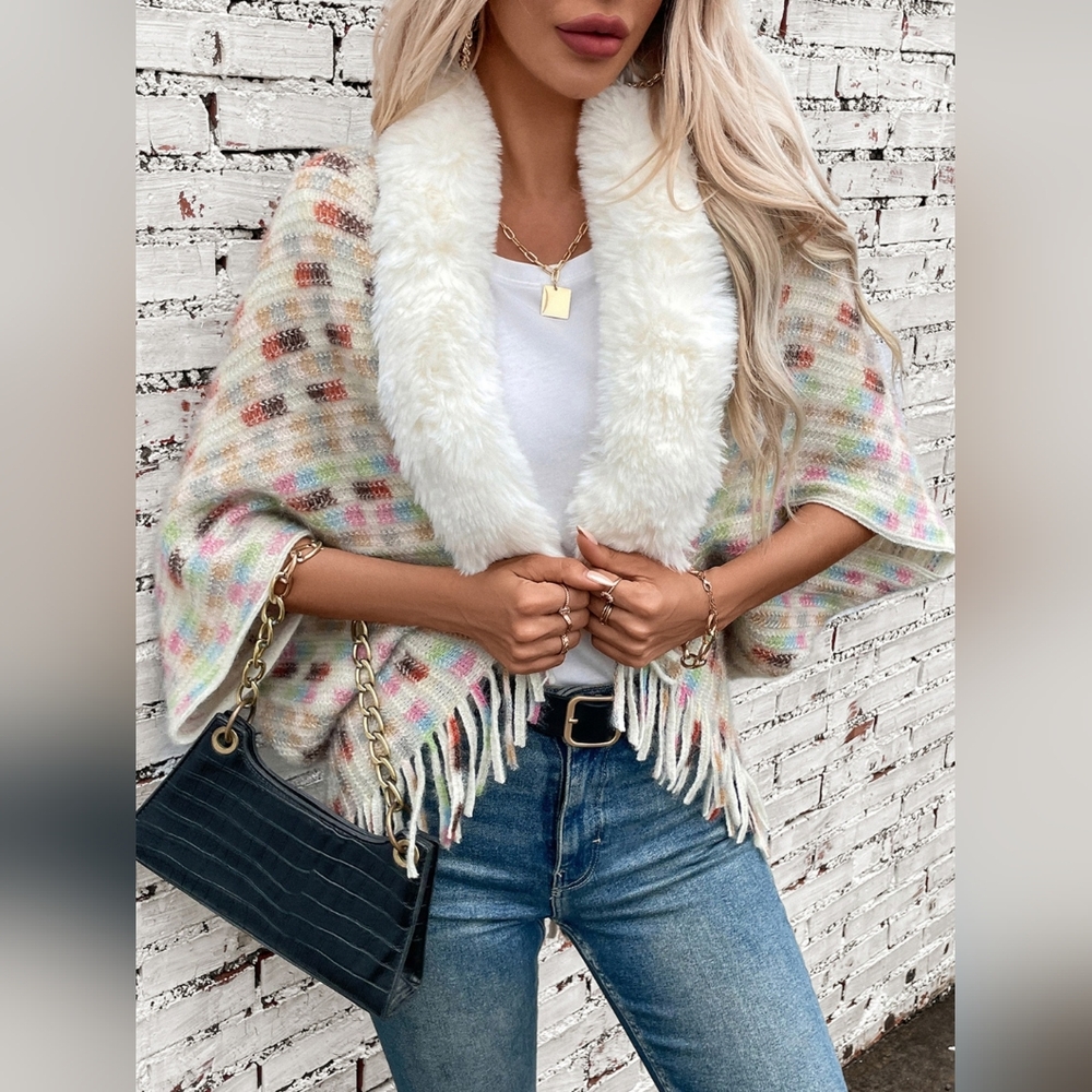 Plush Faux Fur Retro Fringe Hem Open Front Oversized Poncho Knit Cardigan Jacket